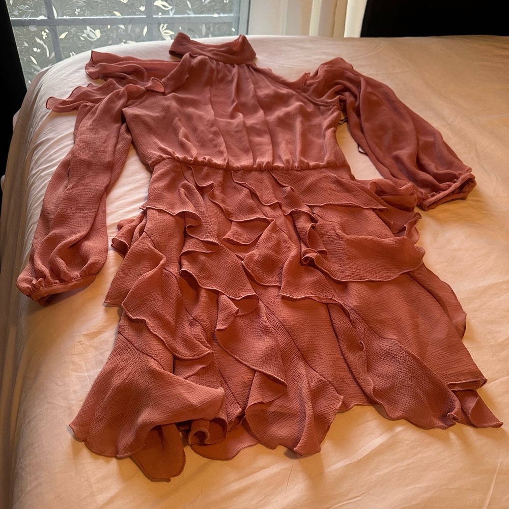 ZARA WOMAN HIGH COLLAR RUFFLED MINI DRESS MARSALA Size : Large, P2P: 17 inches - Picture 9 of 11